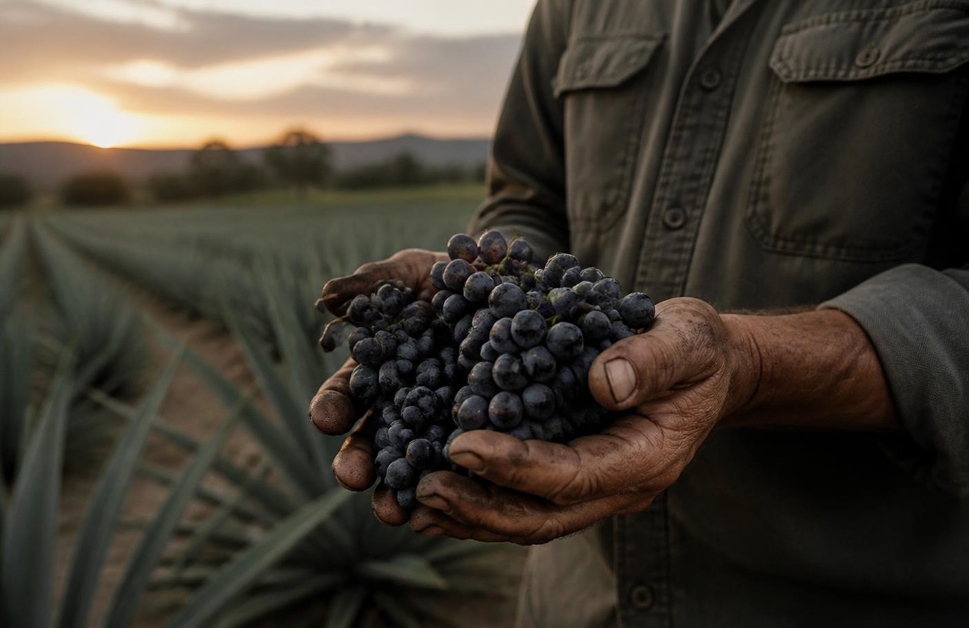 A grower holding freshly picked grapes at dusk